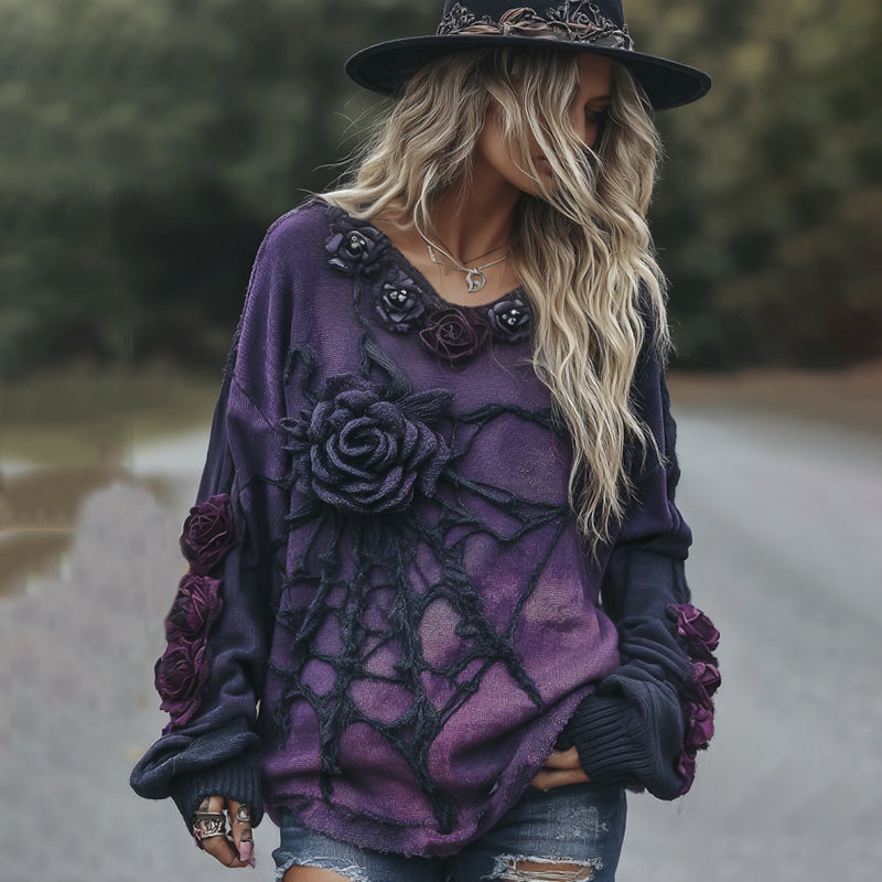 Vintage Halloween Black And Purple Rose Art Cozy Knit Sweater artswardrobe
