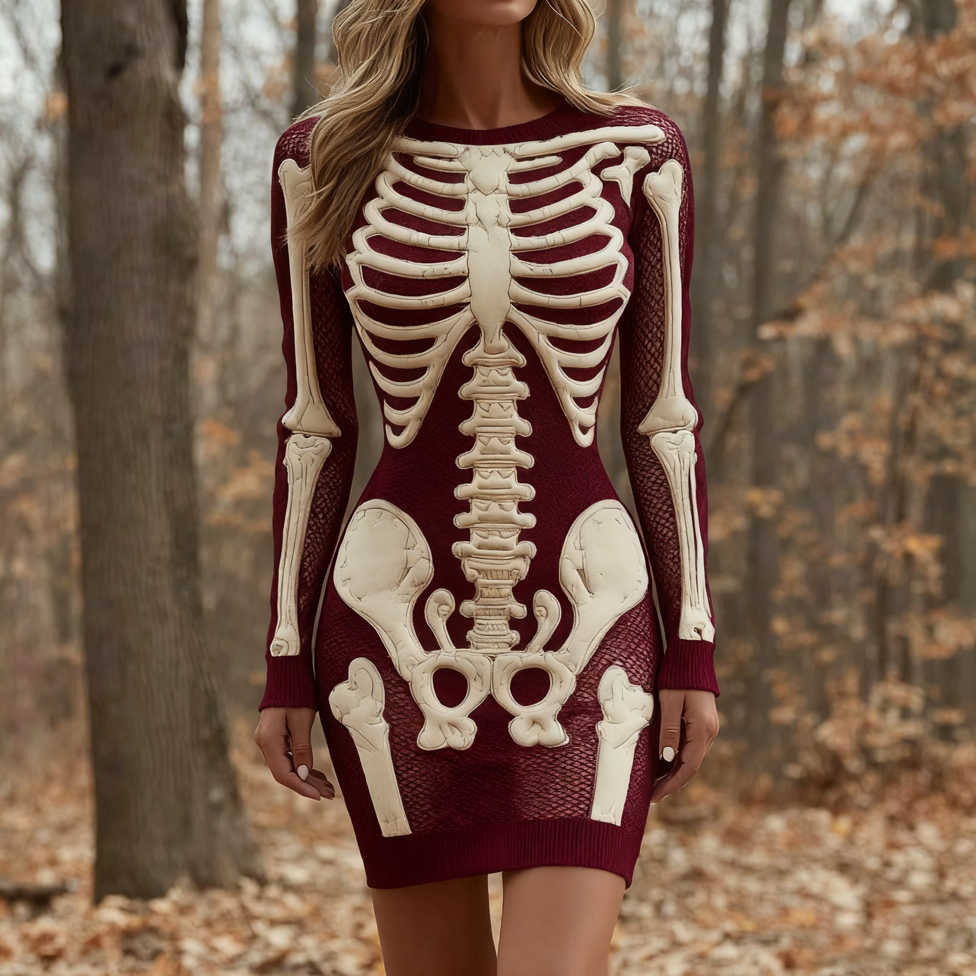 Comstylish Women's Vintage Halloween Skeleton Bones Comfortable Elegant Sweater Dress