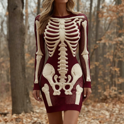 Comstylish Women's Vintage Halloween Skeleton Bones Comfortable Elegant Sweater Dress