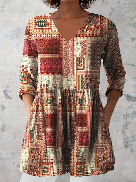 Women's Retro Floral Art Print Casual Cotton And Linen V-neck Top