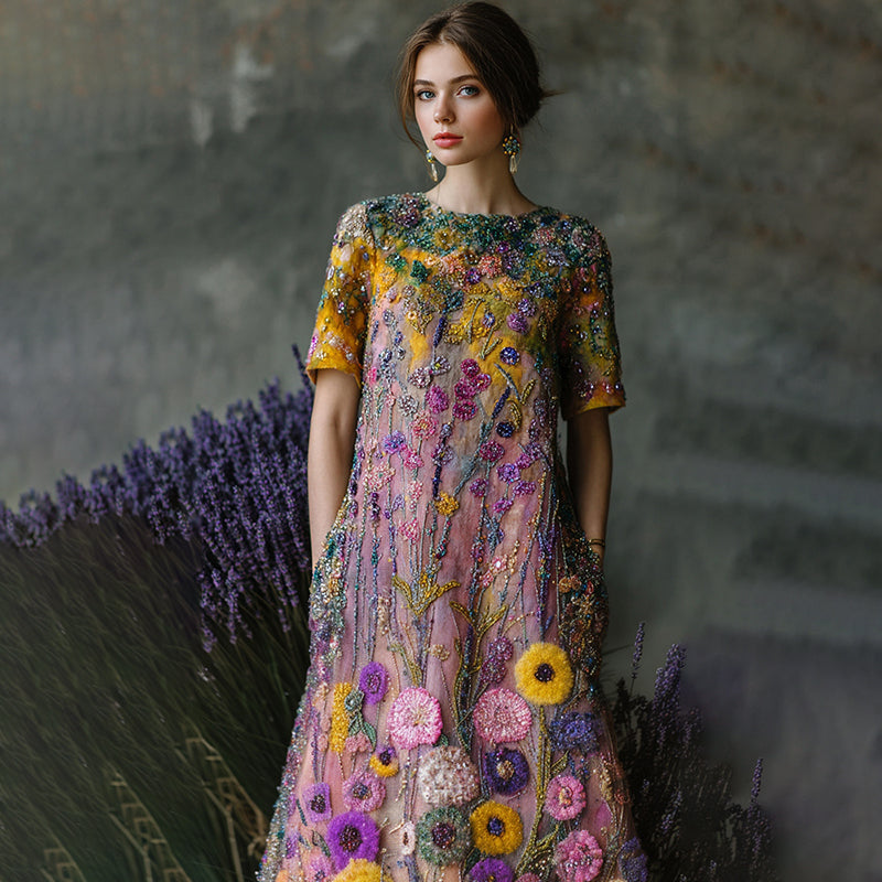 Women's Elegant Oil Painting Floral Sequined Maxi Dress artswardrobe