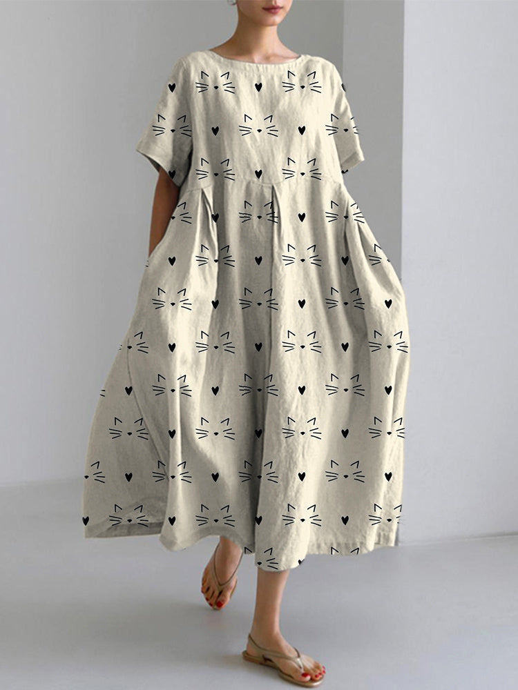Comstylish Cute Cat Face Printed Linen Blend Dress