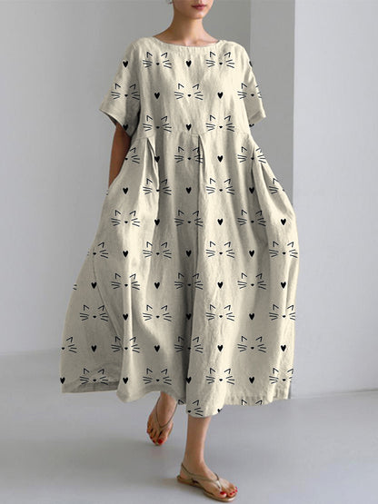 Comstylish Cute Cat Face Printed Linen Blend Dress