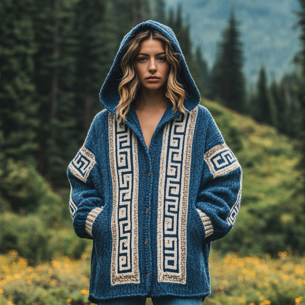 Women's Greek Art Inspired Jacquard Knit Cozy Hooded Cardigan artswardrobe