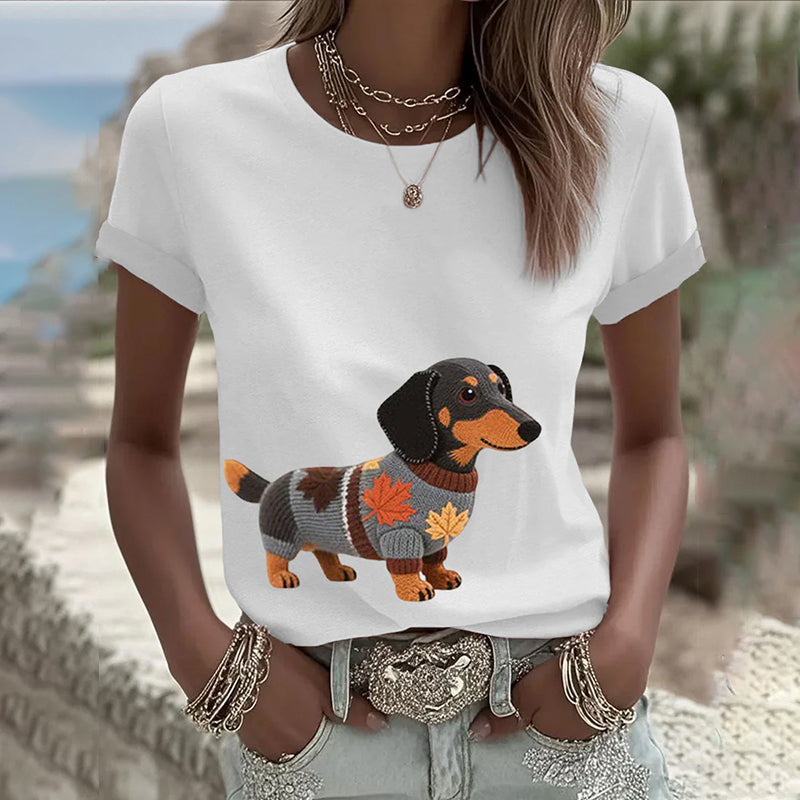 Comstylish Women's Classic Dachshund Inspired Painting Embroidered Casual Linen T-shirt