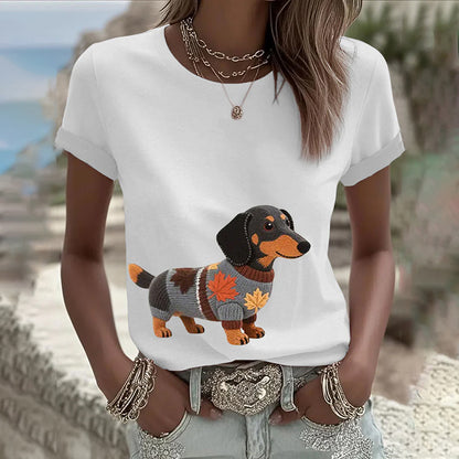 Comstylish Women's Classic Dachshund Inspired Painting Embroidered Casual Linen T-shirt