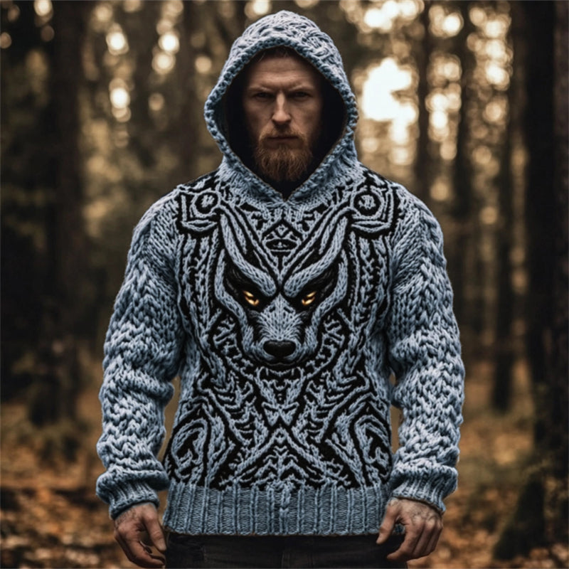 Men's Viking Wolf Celtic Cozy Chunky Hooded Sweater elevenforest