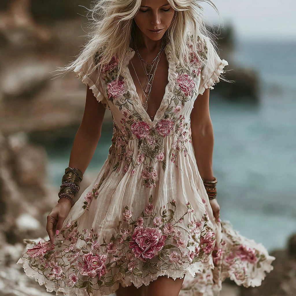 Women's Vintage Pink Rose Embroidery Art Comfy Linen Midi Dress artswardrobe