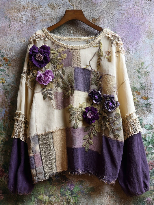 Purple Floral Patchwork Vintage Women's Linen Loose Shirt artswardrobe
