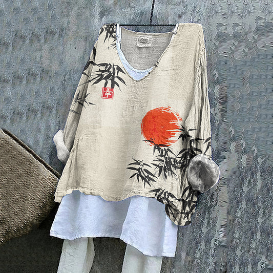 Comstylish Vintage Japanese Bamboo Red Sun Art Linen Blend Tunic