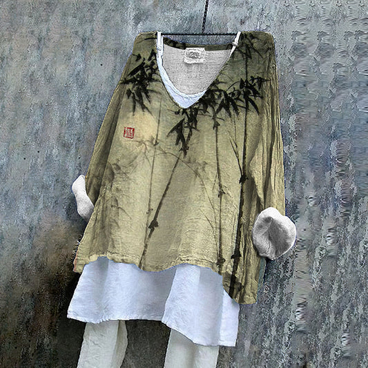 Comstylish Vintage Bamboo Leaf V Neck Linen Blend Shirt