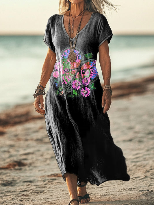 Women's Hippie Love Art Print Pocket Cotton Dress