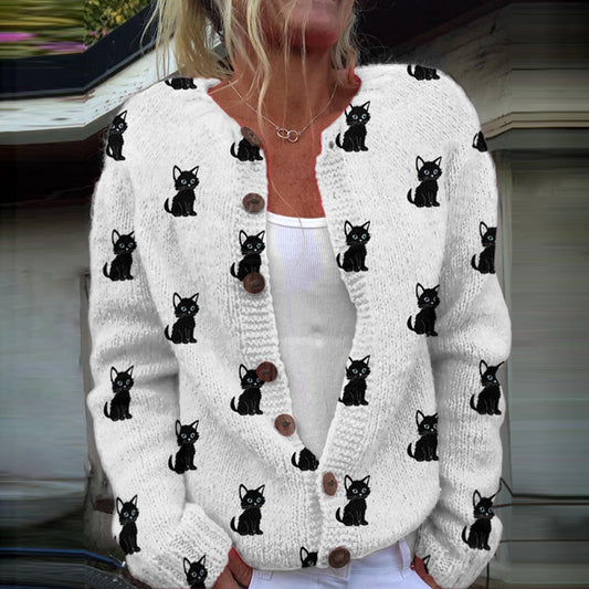 Cat Print Casual Knitted Cardigan elevenforest