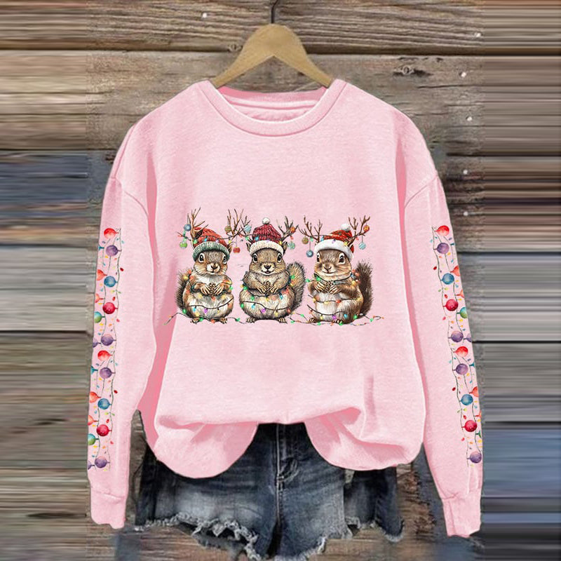 Comstylish Women's Christmas Squirrel Print Crew Neck Sweatshirt