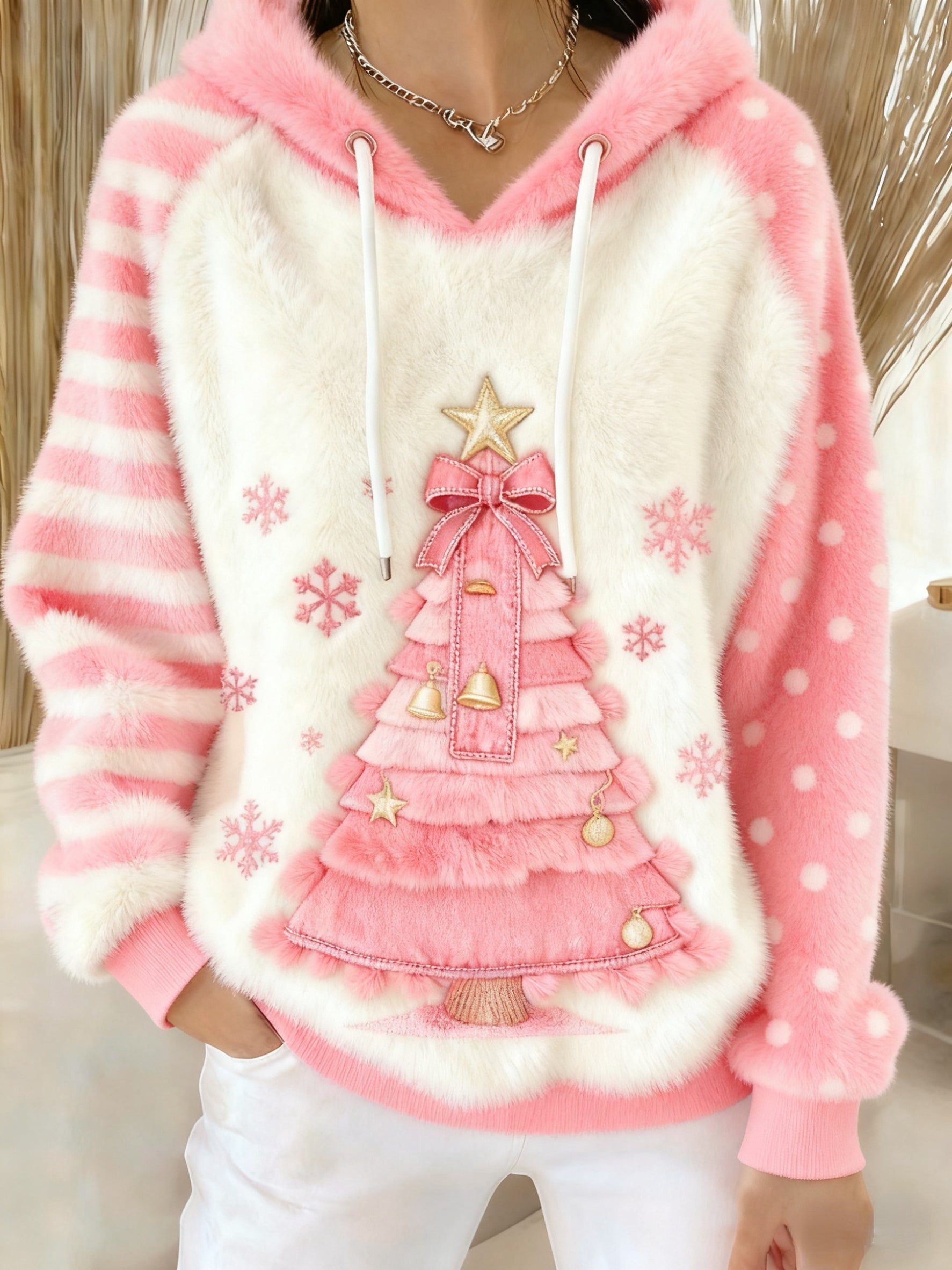 Christmas Tree Colorblock Art Women's Cozy Plush Hooded Sweater
