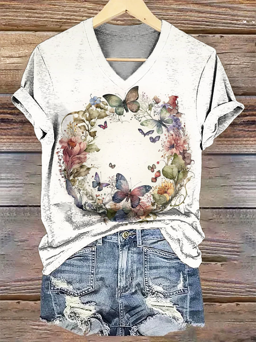 Women's Butterfly Floral Art Print V-Neck Casual T-Shirt