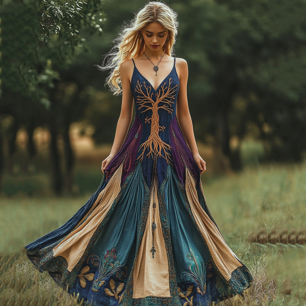 Viking Tree Of Life Patchwork Suspender Maxi Dress artswardrobe