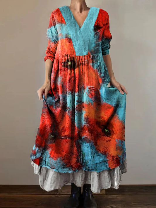 Women's Poppy Flowers Art Pattern Print V-Neck Pocket Cotton Dress