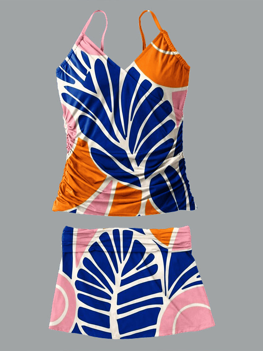 V-Neck Vintage Flowers Print Suspender Skirt Tankini Pantskirt Set Swimsuit