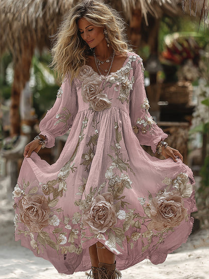 Women's Vintage Romantic White Rose Embroidery Art Comfy Linen Maxi Dress artswardrobe