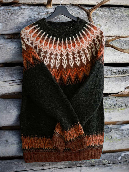 Vintage Icelandic Knit Jacquard Warmth Crew Neck Sweater（Unisex） elevenforest