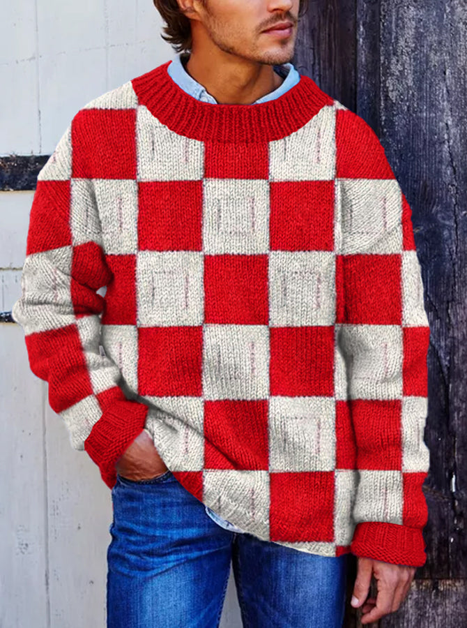 Vegan Mock Minimalist Knit Pullover Sustainable Plaid Patchwork Warmth Knitted Jacquard Unisex Sweater artswardrobe