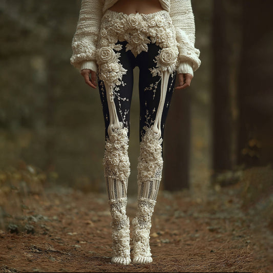 Comstylish Women Halloween Human Skeleton With White Rose Gothic Pants