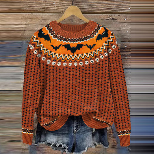 Halloween Bat Print Knitted Pullover Sweater artswardrobe