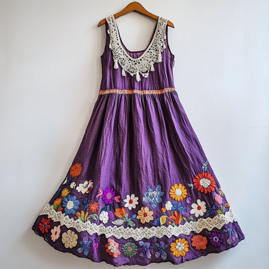 Bohemian Floral Embroidered Lace Patchwork Linen Vest Maxi Dress artswardrobe