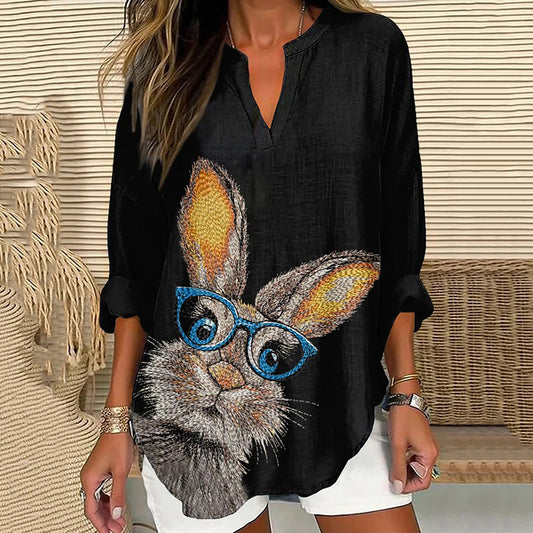 Comstylish Vintage Easter Bunny Embroidery Art Linen Blend Cozy Tunic