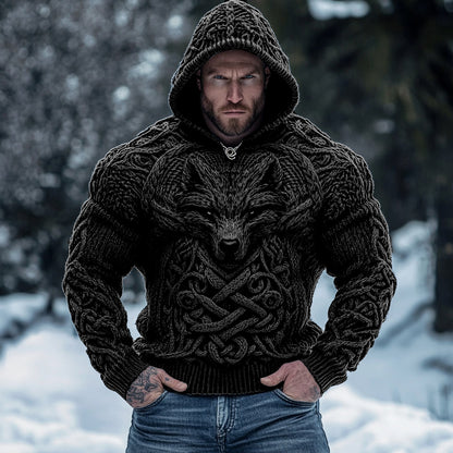 Retro Wolf Inspired Viking Celtic Jacquard Chunky Hooded Sweater elevenforest