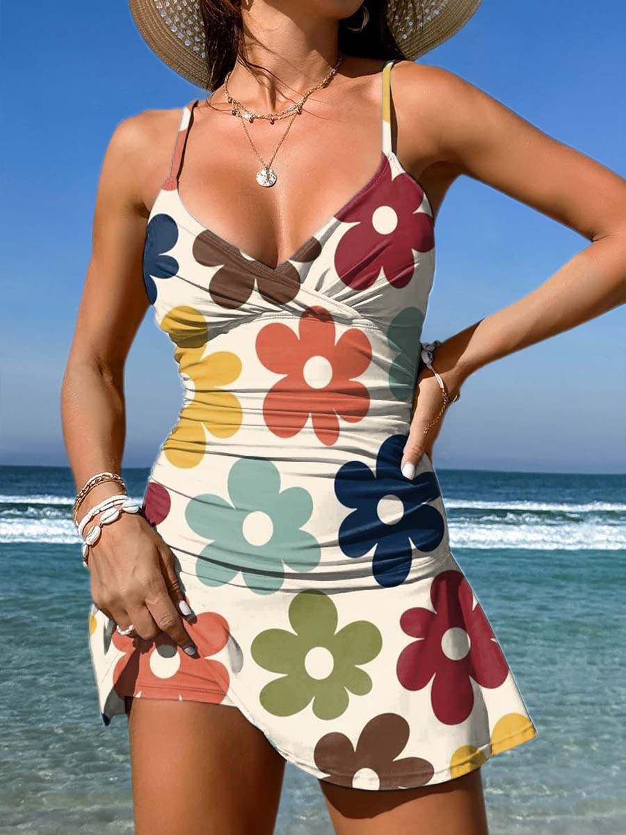 V-Neck Retro Colorful Geometric Flowers Print Suspender Skirt Tankini Pantskirt Set Swimsuit
