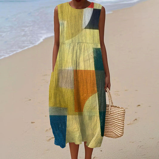 Women's Retro Abstract Geometric Art Print Sleeveless Dress artswardrobe