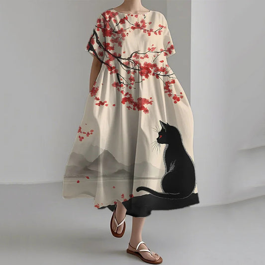 Comstylish Women's Japanese Cherry Blossom Black Cat Print Short Sleeve Dress