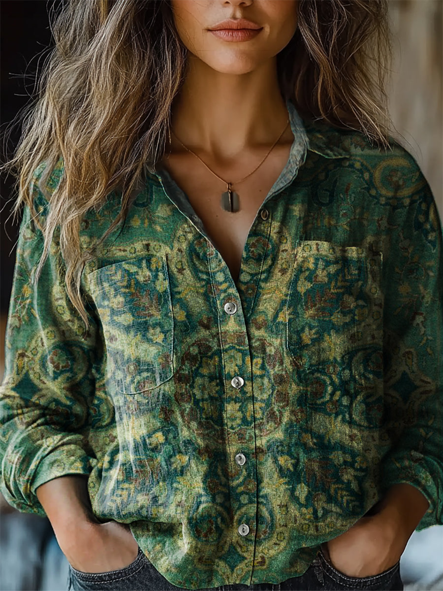 Women's Retro Ethnic Print Casual Long Sleeve Comfortable Cotton Shirt
