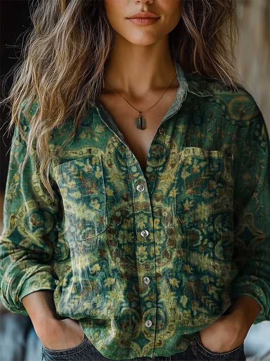 Women's Retro Ethnic Print Casual Long Sleeve Comfortable Cotton Shirt