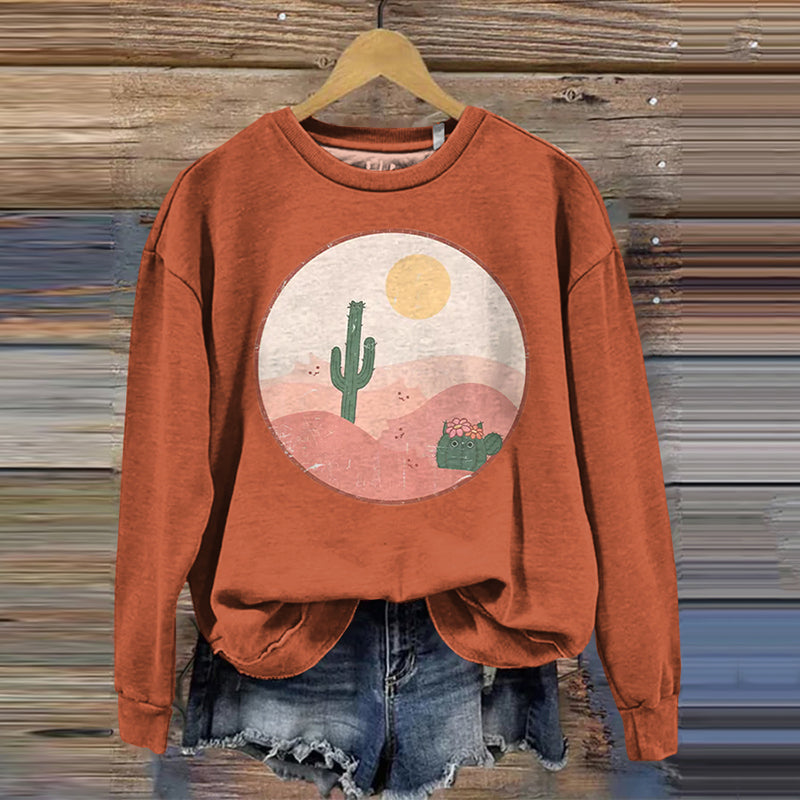 Women's Cute Cat Cactus Print Sweatshirt elevenforest