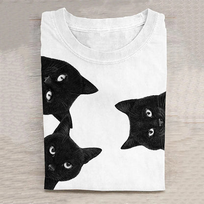 Unisex Black Cat Art Print Casual Tee elevenforest