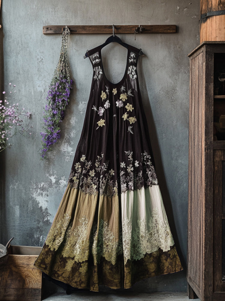 Boho Floral Embroidered Pattern Lace Patchwork Contrast Color Art Linen Dress artswardrobe