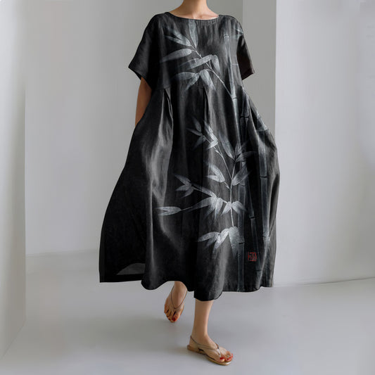 Comstylish Japanese Art Bamboo Ink And Wash Linen Blend Maxi Dress