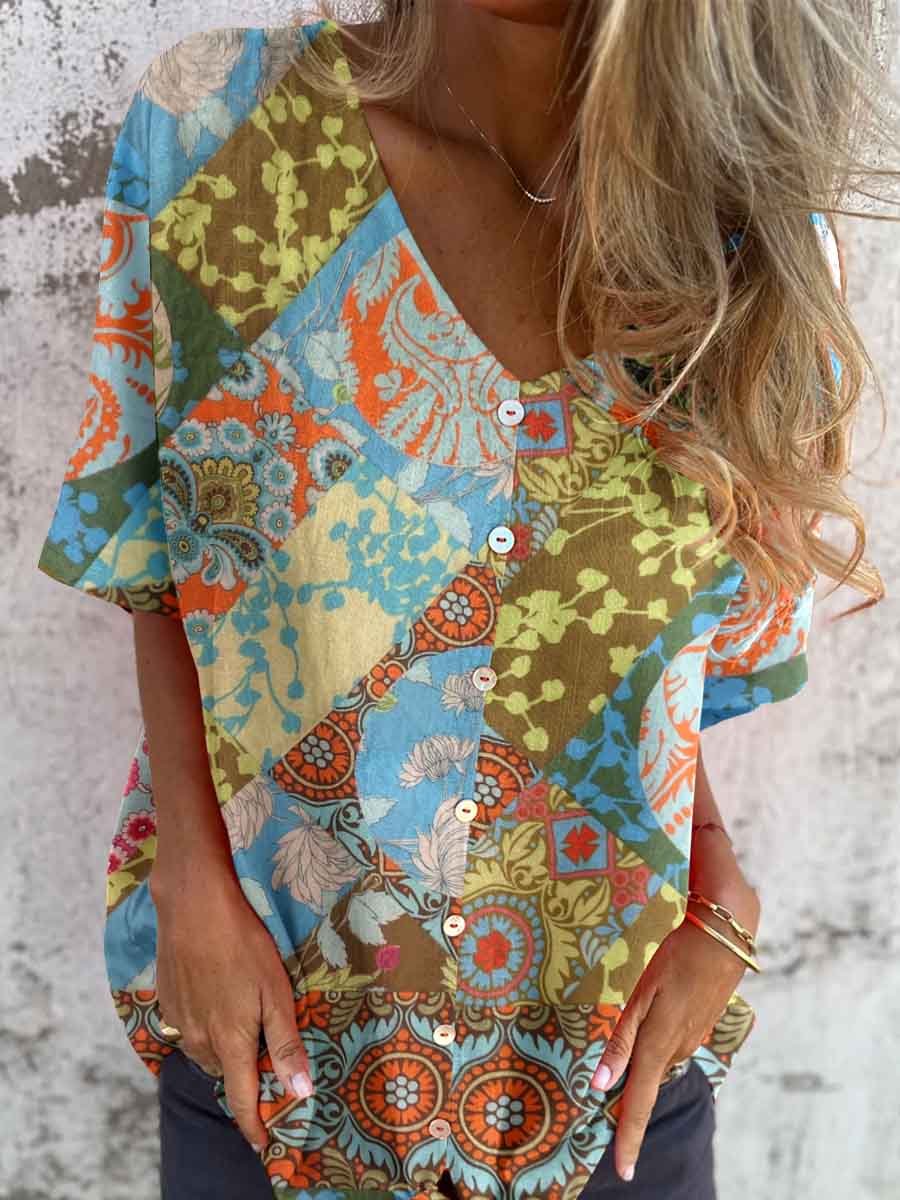 Women's Art Vintage Kantha Geometric Print Floral Shirt Style Cotton and Linen Top