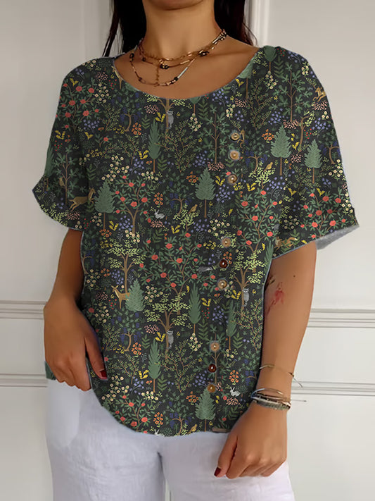 Women's Casual Forest Animal Plant Flower Cotton And Linen Shirt artswardrobe