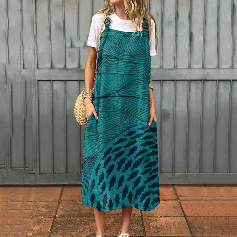 Comstylish Women's Ocean And Fish Art Print Cotton Pocket Suspender Dress