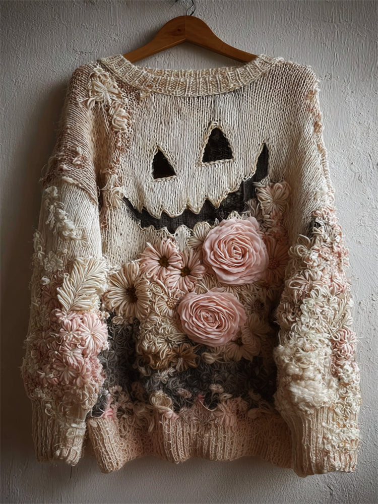 Comstylish Halloween Spooky Face & Roses Floral Cozy Knit Sweater