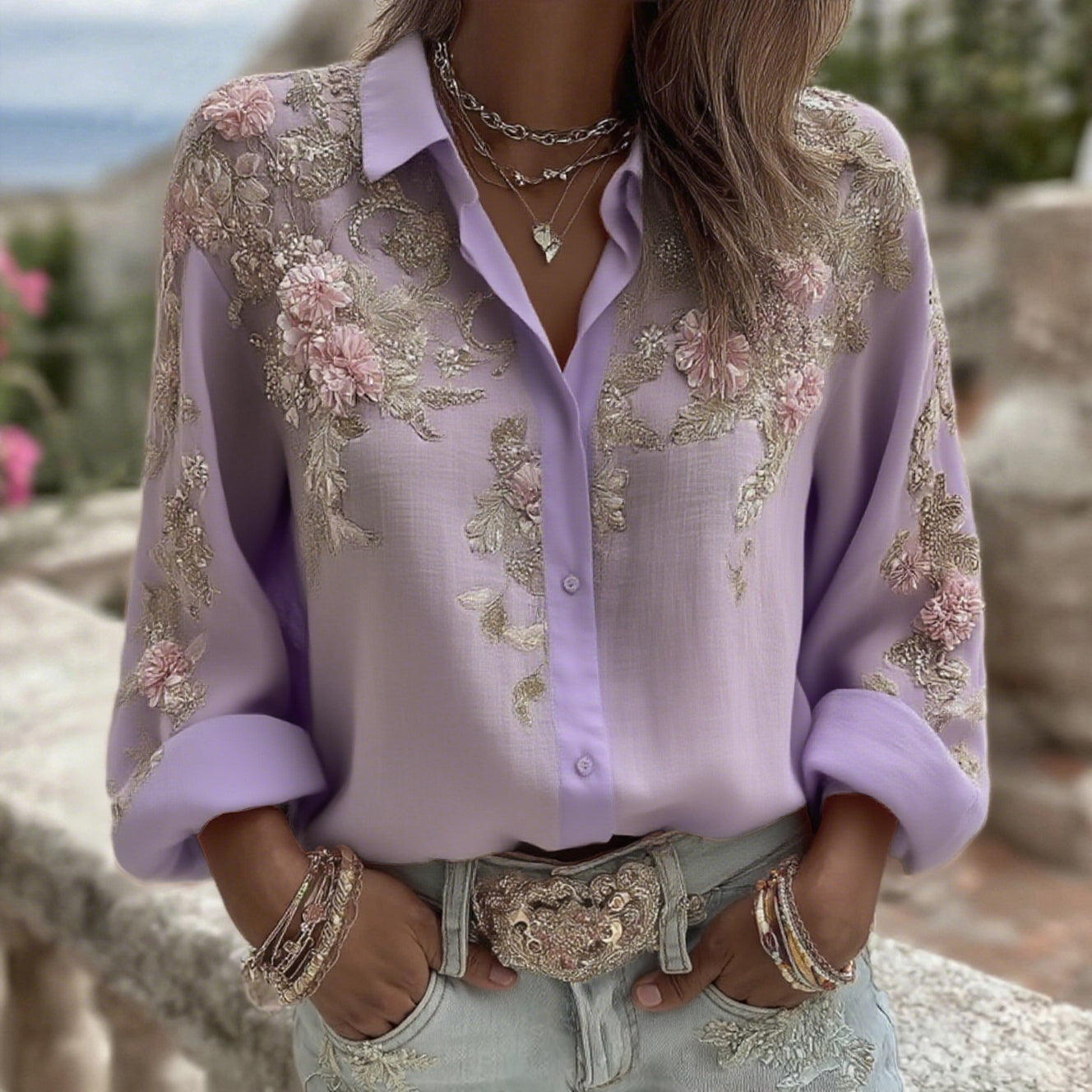Comstylish Women's Pink Flower Embroidery Art Long Sleeve Linen Blend Shirt