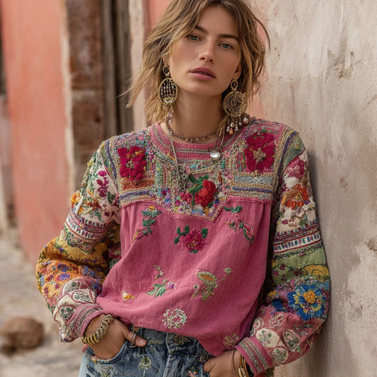 Comstylish Vintage Bohemian Floral Embroidery Patchwork Crew Neck Long Sleeve Sweatshirt