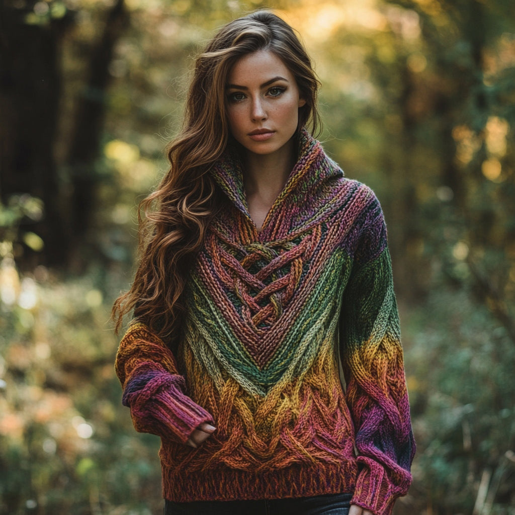 Women's Celtic Knotted Color Jacquard Hooded Sweater artswardrobe