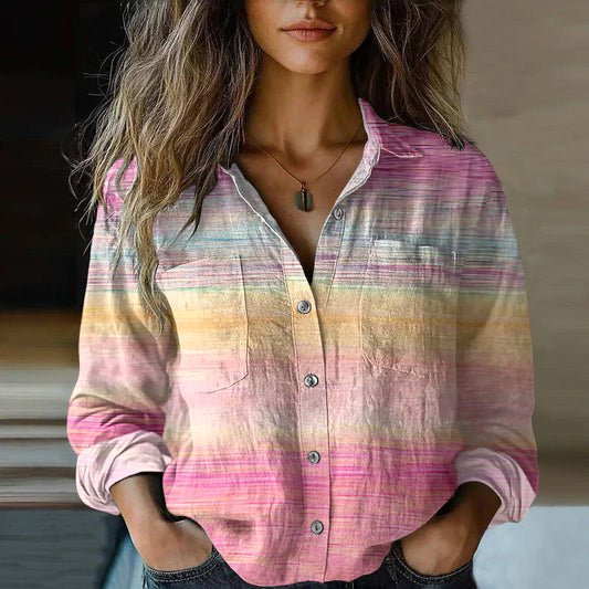 Women's Retro Gradient In Cancer Awareness Ribbon Art Casual Linen Shirt artswardrobe