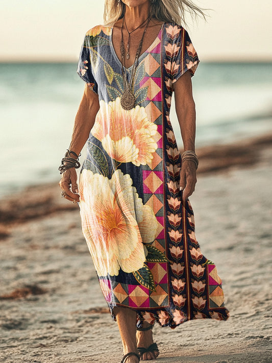 Women's Vintage Floral Art Print Pocket Cotton Dress