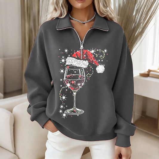 Comstylish Women's Christmas Wine Glass Print Zipper Sweatshirt